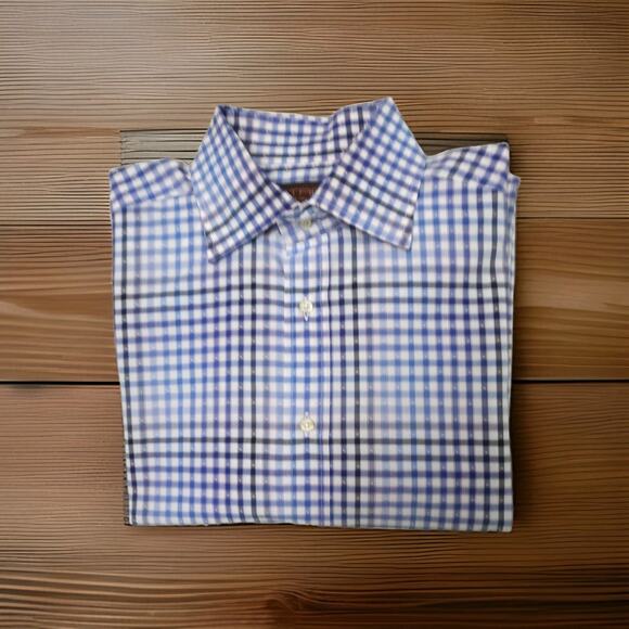 ETRO MILANO Mens Shirt Long Sleeve Button Up Blue Italy Check Size 41 - Picture 1 of 5